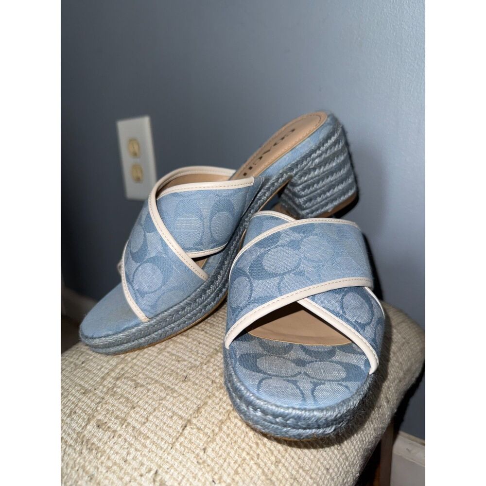 Coach Light Blue Signature Sloan Espadrilles Block Heel | Size 7.5 | Luxury
